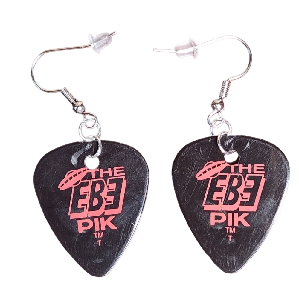 Alien Guitar Pick Earrings Surgical Stainless Steel Red & Black Lightweight - Picture 3 of 6